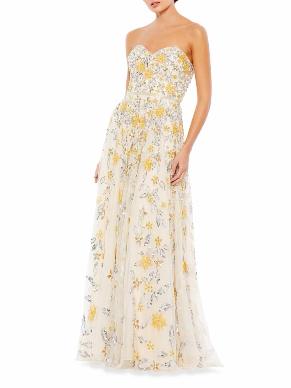 Mac Duggal Ivory Strapless Gown with Gold & Silver Sequin Floral Embroidery